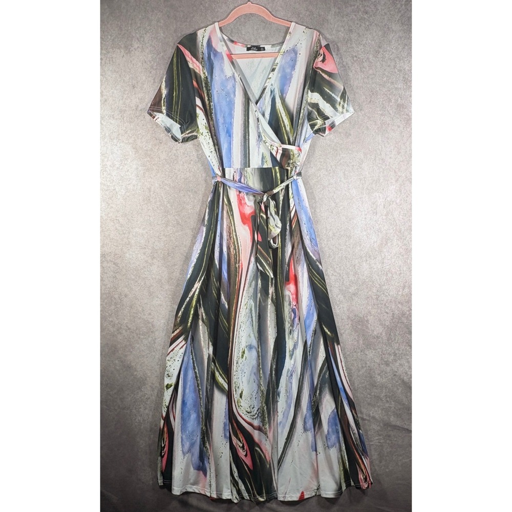 Lily by Firmiana Dress Womens XL Multi Abstract Wrap Maxi Short Sleeve Art Boho